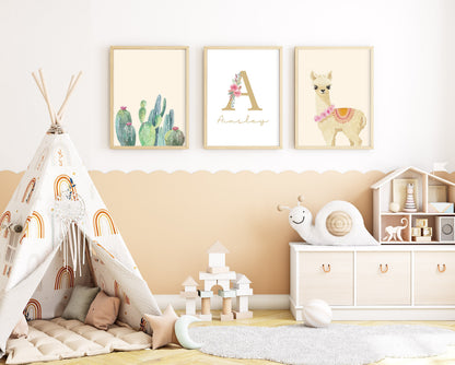 Personalized Monogram Initial Nursery Art, Llama and Cactus, Boho Nursery