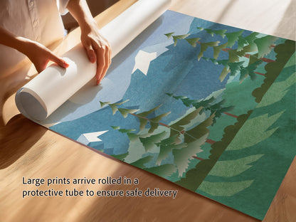 Moonlit Mountains and Trees Nursery Art Prints, Woodland Scene
