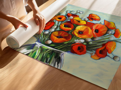 Red Poppies in Glass Vase